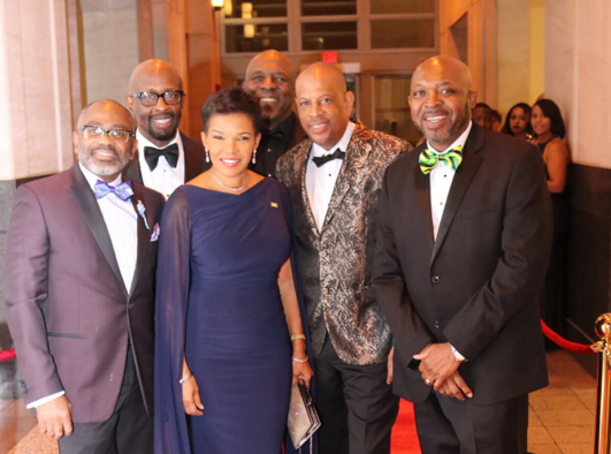 Jamaica’s ambassador to the United States Audrey Marks centre is flanked by committee members of Washington, DC-based David “Wagga” Hunt Scholarship Foundation (DWF at the 2019 fundraising gala left to right are Lloyd Anderson Michale McPherson Garth Pottinger Chairman of the Committee Christopher Hunt and Loxley O’Conner.