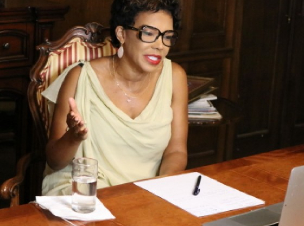 Ambassador Audrey Marks addresses her first monthly on-line meeting with the diaspora entitled: “Lets Chat with Ambassador Marks.( PHOTO CRDIT DERRICK SCOTT)