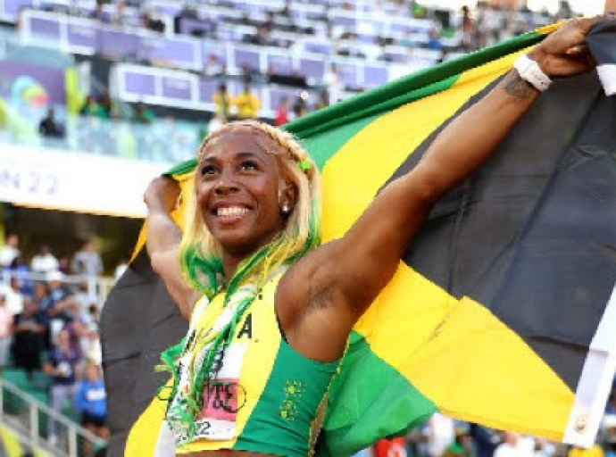 Five-time World champion Shelly-Ann Fraser-Pryce celebrates her win in Eugene.