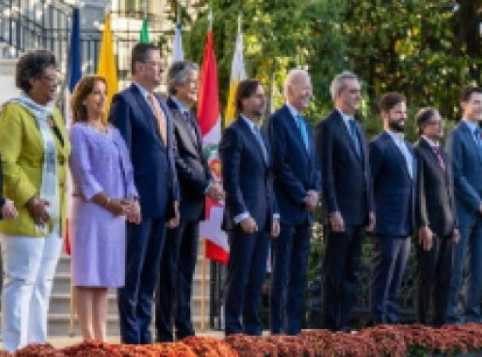 Barbados Prime Minister Mia Mottley (send form left) s well as President Joe Biden and leaders take a family photo for the Americas Partnership for Economic Prosperity Leaders’ Summit, Friday, November 3, 2023, at the South Portico of the White House. (Official White House Photo by Adam Schultz via CMC)