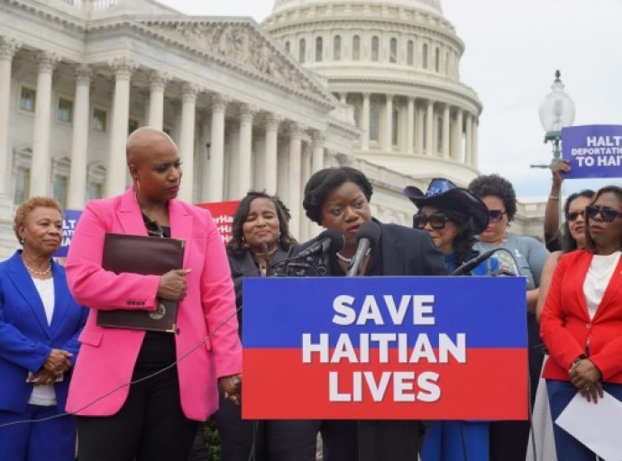 Guerline Jozef, co-founder and executive director of Haitian Bridge Alliance (HBA), speaks on Capitol Hill -- alongside members of the Congressional Black Caucus (CBC), Haiti Caucus and others -- to call for changes to U.S. policy on Tuesday, May 7. Courtesy Photo: Office of Congresswoman Ayanna D. Pressley