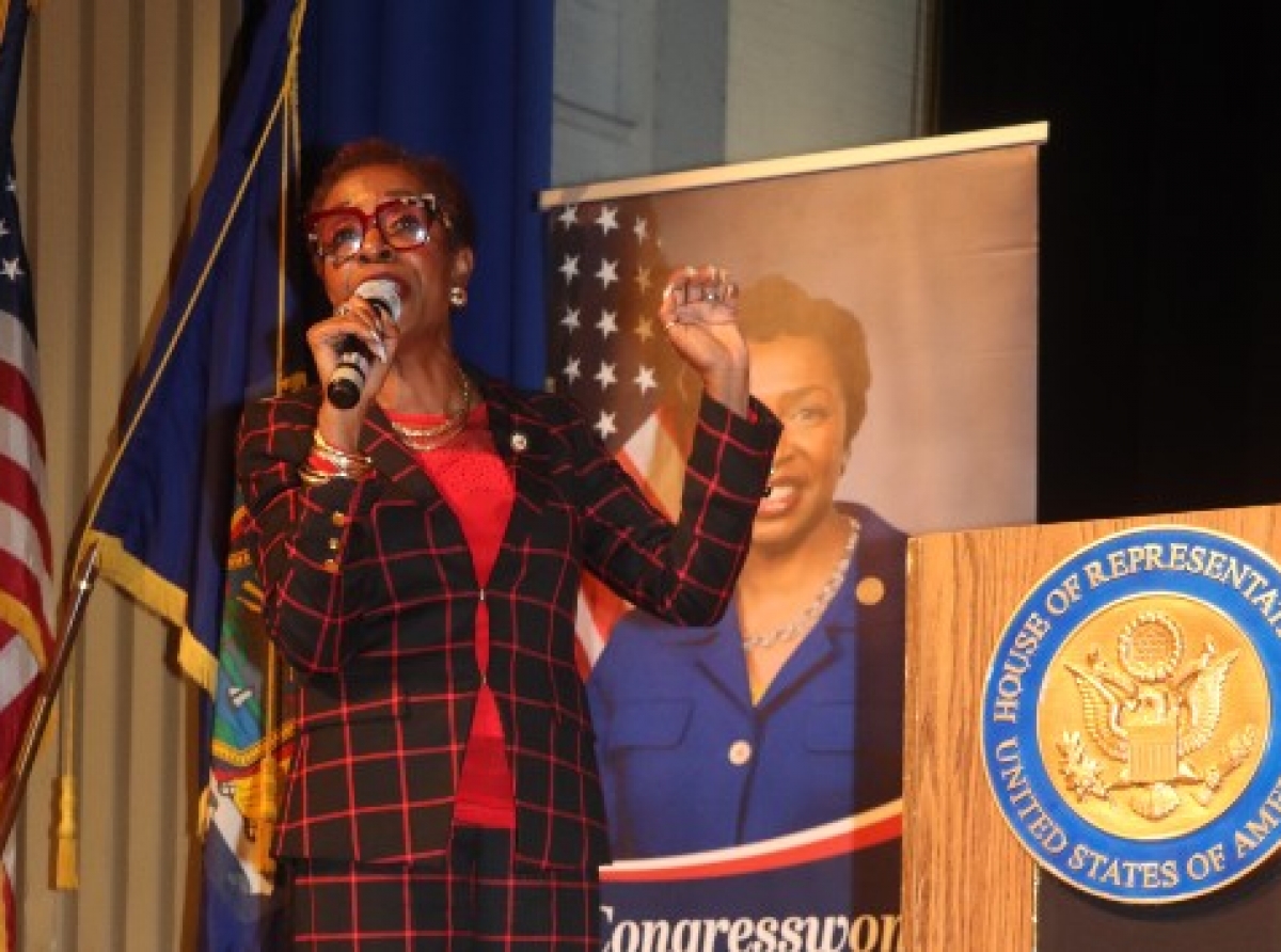 Congresswoman Yvette D. Clarke addressing a town hall meeting at George Wingate High School Auditorium in Brooklyn, New York, on June 16, 2025. (Photo by Nelson King)