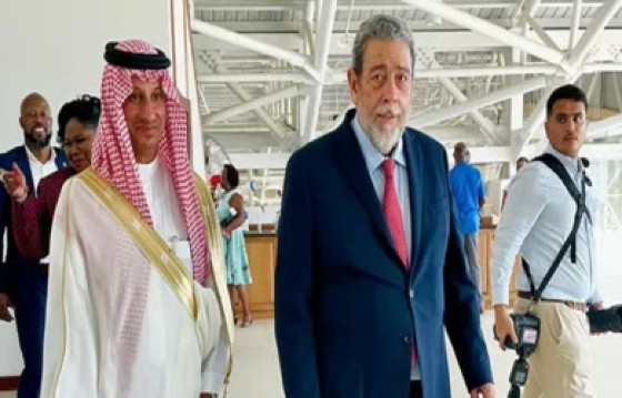 Prime Minister Ralph Gonsalves, right, and Chairman of the board of directors of the Saudi Fund for Development (SFD), Ahmed Al Khateeb at Argyle International Airport