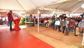 President Dr. Irfaan Ali addressing the launch of the black belly sheep initiative (Photo courtesy DPI)