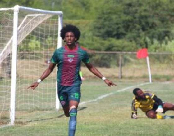 Trinidadian defender Jordon Britto runs off in celebration after scoring the opening goal for Montego Bay United against Vere United in the Jamaica Premier League. Photo: Lennox Aldred