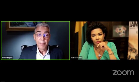 Governor of the Bank of Jamaica, Mr. Richard Byles updated members of the diaspora on the state of Jamaica’s financial sector on Let’s Connect with Ambassador Marks. At right is Jamaica’s ambassador to the United States Audrey Marks. (Photo by Derrick Scott.)