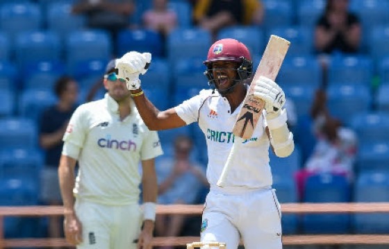 Captain and Man-of-the-Series Kraigg Brathwaite celebrates after hitting the winning runs against England on Sunday.