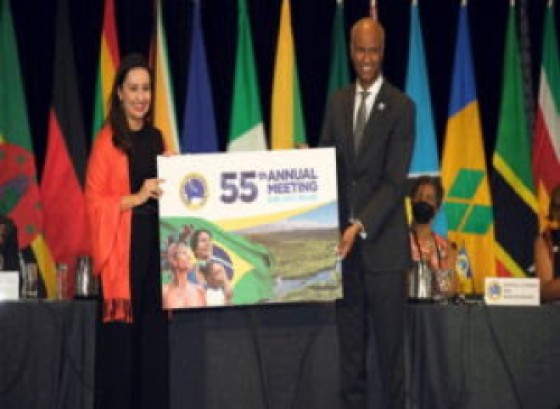 Outgoing Chair of the Caribbean Development Bank’s (CDB) Board of Governors, Ahmed Hussen, (right) officially handing over the chairmanship to Dr. Renata Vargas Amaral, Brazil’s Secretary for International Affairs and Development (CDB Photo)
