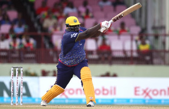 Rahkeem Cornwall tees off during his 91 in Tuesday’s qualifier against Guyana Amazon Warriors. (Photo courtesy Getty/CPL)