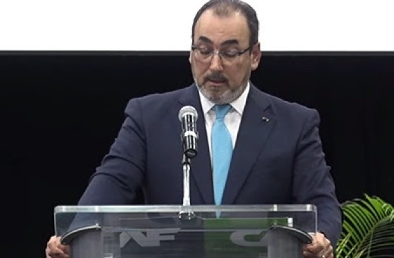 CAF Executive President, Sergio Díaz-Granados, addressing the launch of the RED Report in Barbados (CMC Photo)