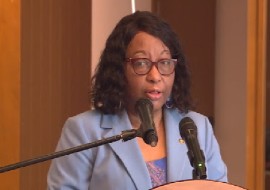 PAHO Director Dr. Carissa Etienne addressing sub-regional managers meeting in Dominica (CMC Photo)
