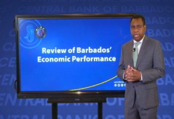 Central Bank Governor, Cleviston Haynes., reviewing the Barbados economy over the past six months (CMC Photo)