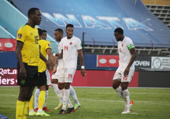 Action between Jamaica and Canada in the Concacaf FIFA World Cup qualifiers on October 10, 2021 at Independence Park in Kingston, Jamaica. (Photo: Canada Soccer)