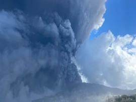 The eruption of La Soufriere, as seen from just off the north west coast of St. Vincent on April 22, 2021. (iWN/CMC photo)