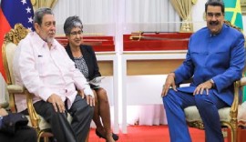 Prime Minister Dr Ralph Gonsalves (left) and Venezuela’s President Nicolas Maduro in talk in Caracas on Monday night (Photo: Nicolas Maduro/Twitter)