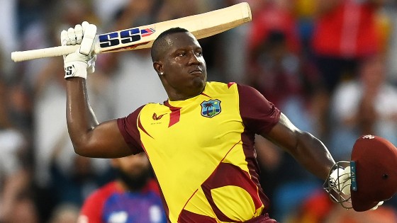 Rovman Powell celebrates his maiden T20 International hundred on Wednesday. (Photo courtesy of Sky Sports)