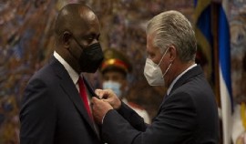 Prime Minister Roosevelt Skerrit receives the Order of Jose Marti from President Miguel Mario Díaz-Canel Bermúdez at the end of his two-day official visit to Cuba on Tuesday night