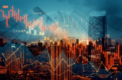 Economic crisis concept shown by declining graphs and digital indicators overlap modernistic city background. Double exposure.