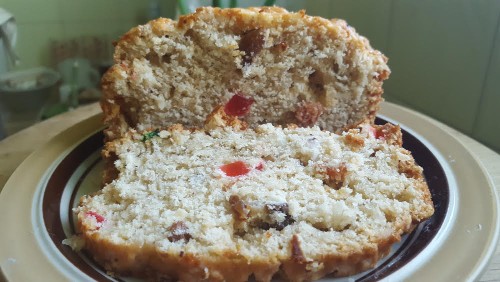 Macro shot of Sweet Bread an indigenous Trinidad and Tobago and Caribbean favourite. Dried fruits, raisins, coconut chips and mixed peel add to the colours in the shot. A sweet, flour based bread. 