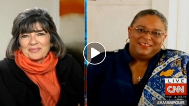 Prime Minister Mia Mottley of Barbados right being interviewed by CNNs Christiane Amanpour
