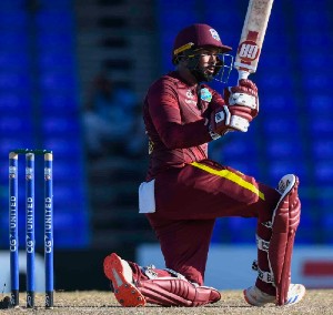 Amir Jangoo of West Indies hits 4 during the 3rd and final ODI between West Indies and Bangladesh at Warner Park, Basseterre, Saint Kitts and Nevis, on Dec 12, 2024.