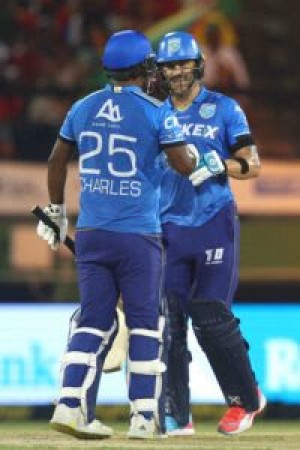 GEORGETOWN, GUYANA - OCTOBER 02: Faf du Plessis and Johnson Charles of St Lucia Kings during the Men's 2024 Republic Bank Caribbean Premier League Qualifier 1st v 2nd match between Guyana Amazon Warriors and Saint Lucia Kings at Providence Stadium on October 02, 2024 in Georgetown, Guyana. (Photo by Ashley Allen - CPL T20/CPL T20 via Getty Images)