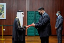 President Irfaan Ali (Right) receiving letters of credentials from new UAE non-resident Ambassador, Saleh Ahmad Salem Alzaraim Alsuwaidi