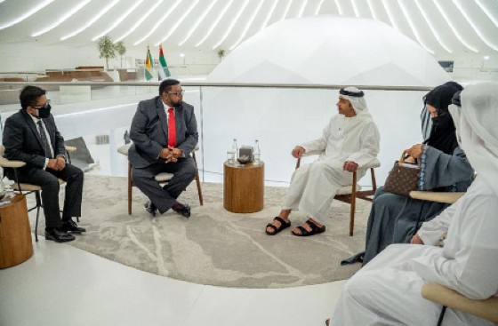 President Dr Irfaan Ali and His Highness Sheikh Abdullah bin Zayed Al Nahyan, Minister of Foreign Affairs of the United Arab Emirates and other officials. (Office of the President photo)