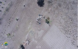 An aerial shot showing farmlands in the Sandy Bay area of St. Vincent (Windward side of the island that are covered with ash and the structures have collapsed. (Photo courtesy Javid Collins, UWITV.)