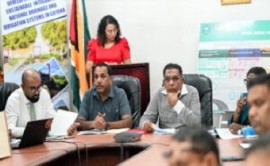 Agriculture Minister , Zulfikar Mustapha, with his hand under his chin, at he launch of the strategy. NDIA chairman, Lionel Wordsworth is at his right.