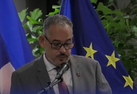 Prime Minister Alix Didier Fils-Aimé addressing the launch of the National Investment Forum and the Global Gateway Initiative in Haiti.