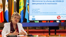 ECLAC Executive Secretary Alicia Bárcena speaking during a virtual press conference transmitted live from the United Nations regional headquarters in Santiago, Chile in April 2020. (Photo: ECLAC)