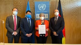 Alicia Bárcena, Executive Secretary of ECLAC, joined by the ECLAC officials participating in the virtual meeting with the German Government. (Photo credit: ECLAC)