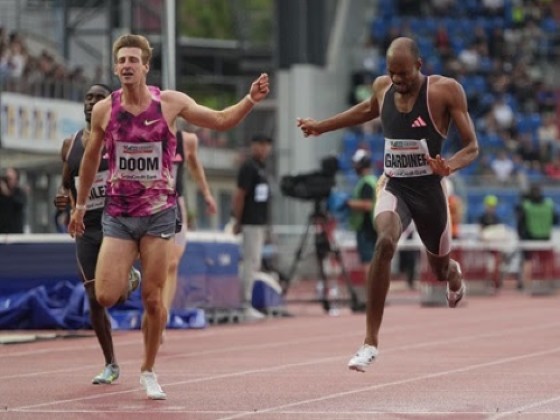TIGHT FINISH: Alexander Doom of Belgium (left) and Steven Gardiner of The Bahamas (right) during the finish of the men’s 400 metres at the Golden Spike meet on Tuesday in Ostrava, Czech Republic. (World Athletics photo)