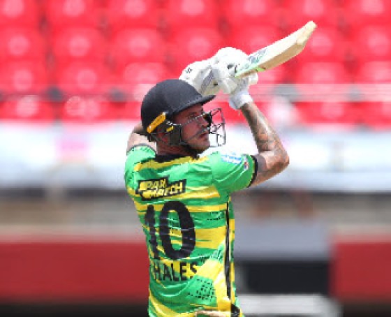 Englishman Alex Hales hits out during his unbeaten 119 for Jamaica Tallawahs on Sunday. (Photo courtesy CPLT20/Getty Images)