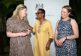 British High Commissioner to Jamaica, Alicia Herbert (centre) in discussion with Project Lead for PASSAGE at The National Archives (UK), Philippa Hellawell (left) and Head of Research, Interpretation, and Engagement at Lloyd’s Register Foundation, Louise Sanger (right). (Photo credit: JIS)