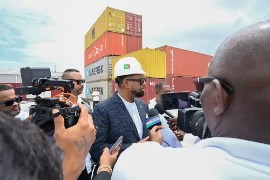 President Dr Mohamed Irfaan Ali speaks with reporters.