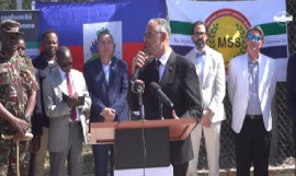 Prime Minister Alix Didier Fils-Aimé addressing the ceremony welcoming the arrival of the Kenya military and police troops (CMC Photo)