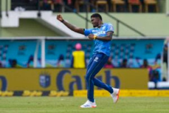 Alzarri Joseph of Saint Lucia Kings celebrates a wicket during the Men’s 2024  Caribbean Premier League match between Saint Lucia Kings and Barbados Royals at Guyana National Stadium. CPL T20