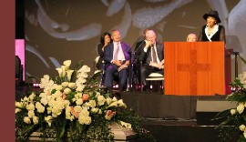 Jamaica’s Ambassador to the United States Her Excellency Audrey Marks pays tribute to former congresswoman Sheila Jackson Lee at her service of thanksgiving at the Fallbrook Church in Houston Texas on Thursday August 1, 2024. Sharing the podium, from left is civil rights leader Jessee Jackson, former US president Bill Clinton and his wife former Secretary of State, Hillary Clinton. (Photo by Derrick Scott)
