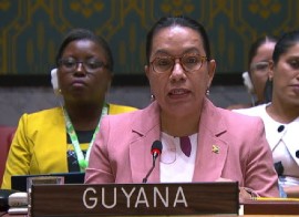 Guyana’s ambassador to the United Nations, Carolyn Rodrigues-Birkett, addressing the UN Security Council on Friday (CMC Photo)
