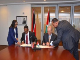 Minister of Foreign and CARICOM Affairs, Dr. Amery Browne and Dr. Mohammad Mustafa, Prime Minister of the State of Palestine signed a Joint Communiqué establishing diplomatic relations on 22nd September, 2024 at the Permanent Mission of Trinidad and Tobago to the United Nations in New York