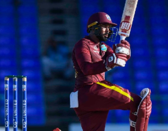 Amir Jangoo of West Indies hits 4 during the 3rd and final ODI between West Indies and Bangladesh at Warner Park, Basseterre, Saint Kitts and Nevis, on Dec 12, 2024.
