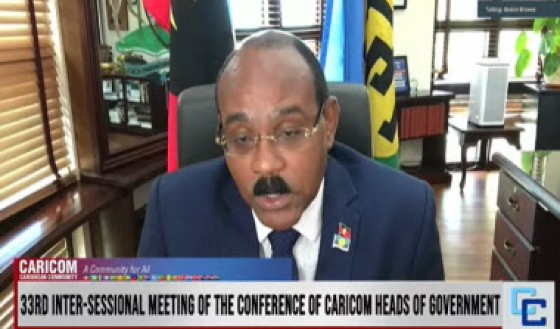 Prime Minister Gaston Browne delivering his address virtually to the CARICOM Inter-Sessional Summit in Belize (CMC Photo)
