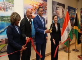 Prime Minister Andrew Holness, cuts the ribbon to open the Jamaica High Commission in India (Photo Ministry of Foreign Affairs and Foreign Trade)