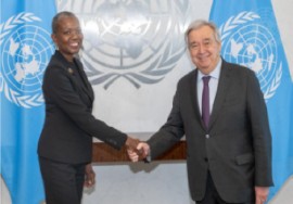 Un Secretary General, Antonio Guterres greets CARICOM’s Permanent Observer to the United Nations (UN), Dr. Leslie Wade (CARICOM Secretariat photo)