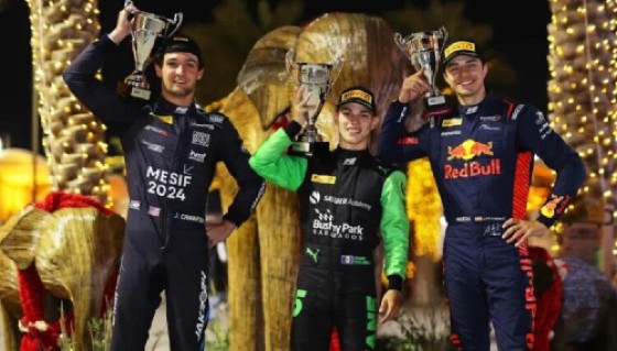 Zane Maloney (center) captured his maiden Formula 2 race in Bahrain in March.