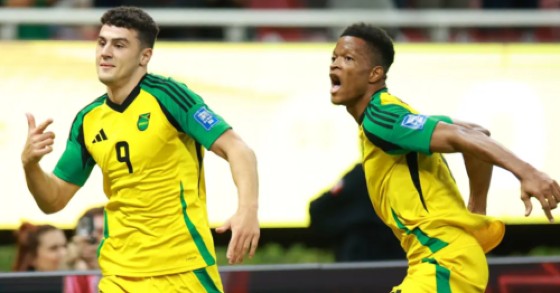 Bailey Cadamarteri (right) celebrates after scoring the opening goal for Jamaica against New Caledonia.