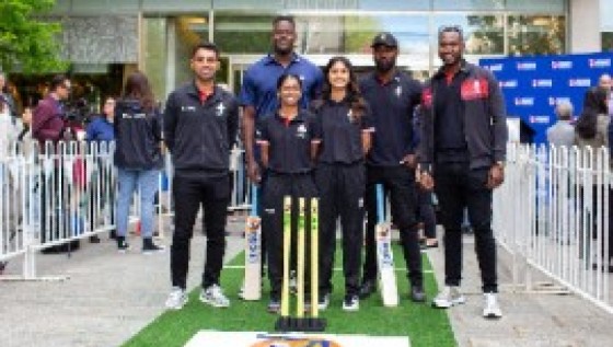 Former West Indies T20 captain Carlos Brathwaite (second from left, back row) poses during Thursday’s launch of the event.
