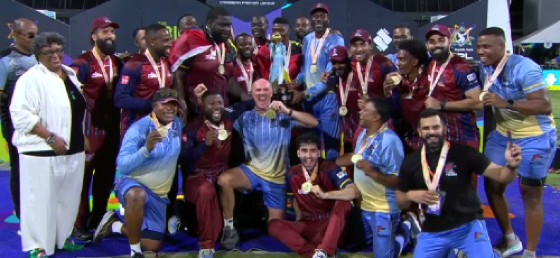 The Antigua & Barbuda Falcons celebrate their capture of the Caribbean Premier League title after defeating the Jamaica Kingsmen.